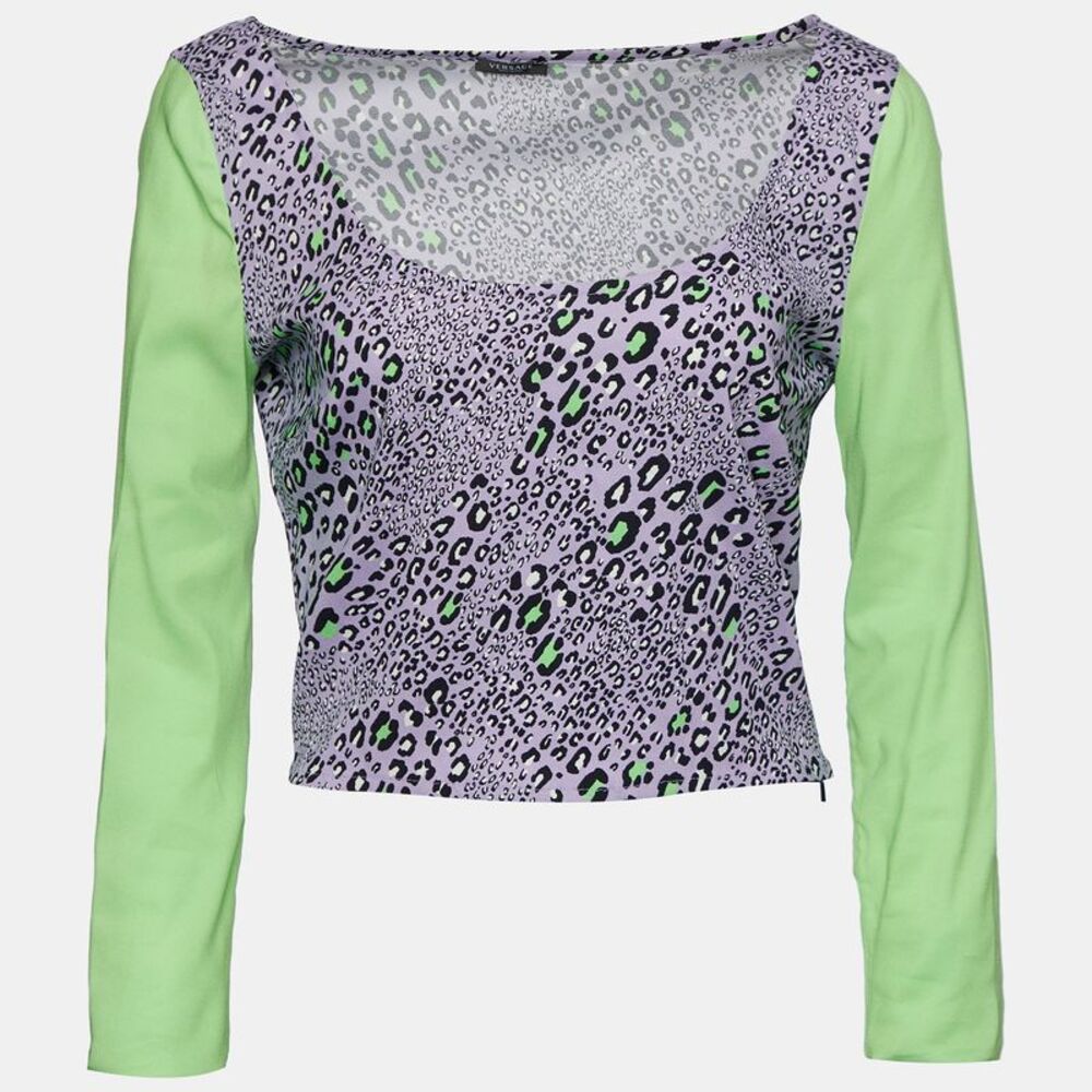 Versace Purple Leopard Print Knit Crop Top L
